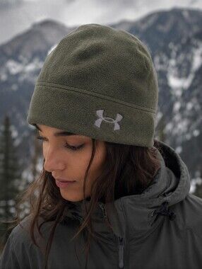 Under Armour ColdGear Fleece Beanie Hat Olive Green Running Hiking